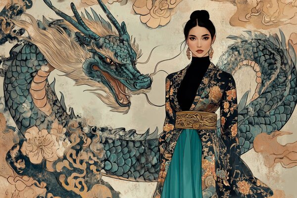 Fototapet Femeie într-un kimono și un dragon, Fototapet acuarelă, Fototapet populare, w02875 - Tapeko.ro