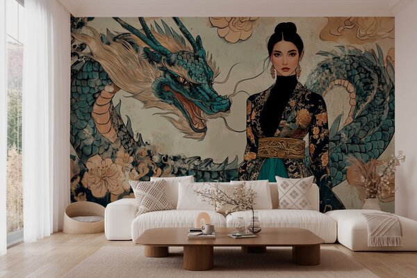 Fototapet Femeie într-un kimono și un dragon, Fototapet acuarelă, Fototapet populare, w02875 - Tapeko.ro