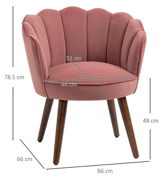 HOMCOM Fotoli captusit cu spatar tip scoica si picioare din lemn, 66x66x78.5cm, Roz | Aosom Romania