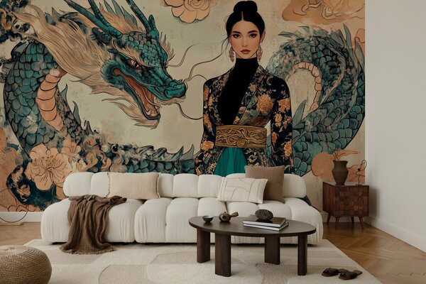 Fototapet Femeie într-un kimono și un dragon, Fototapet acuarelă, Fototapet populare, w02875 - Tapeko.ro