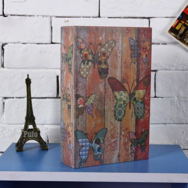 Seif secret tip carte Pufo cu cheie pentru blocare, model Colorful butterflies, 24 x 15 cm
