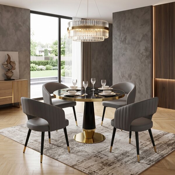 Set Masă Berlin Gold Negru cu 4 scaune Piele Ecologică Monaco Gri