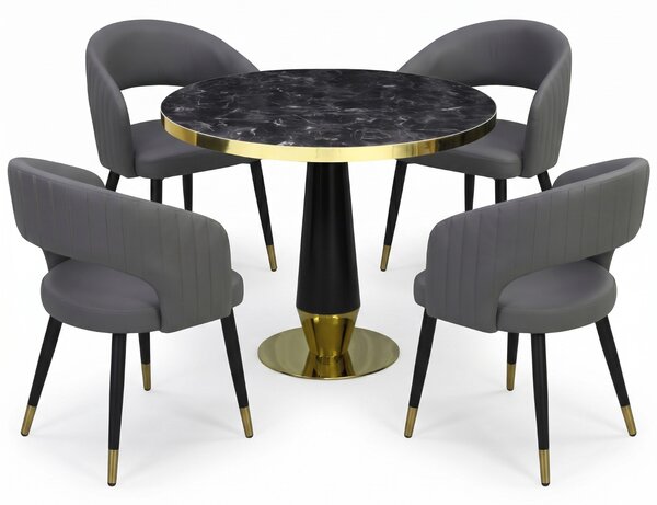 Set Masă Berlin Gold Negru cu 4 scaune Piele Ecologică Monaco Gri