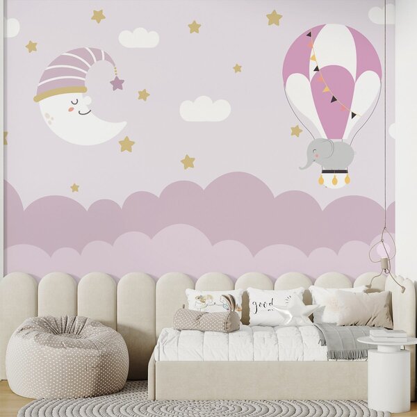 Fototapet Elefant de desene animate și luna într-un balon, Fototapet copii, Fototapet populare, w02963v1 - Tapeko.ro