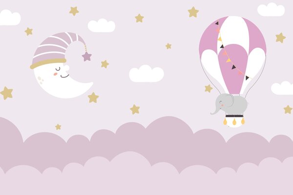 Fototapet Elefant de desene animate și luna într-un balon, Fototapet copii, Fototapet populare, w02963v1 - Tapeko.ro