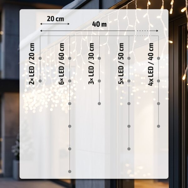 BRILAGI - Instalație luminoasă LED de exterior pentru Crăciun, 800 LED/8 funcții, 43 m, IP44, alb cald, cu țurțuri