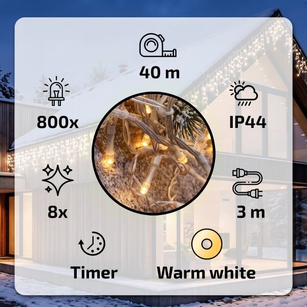 BRILAGI - Instalație luminoasă LED de exterior pentru Crăciun, 800 LED/8 funcții, 43 m, IP44, alb cald, cu țurțuri