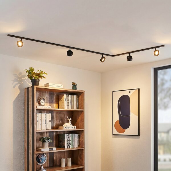 Lindby Sistem de șine Linaro, Ø 9,5 cm, 5 becuri, LED, negru, Negru, Studiu / Birou, Metal, Modern