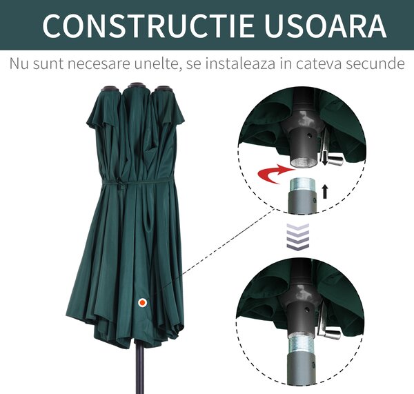 Outsunny Umbrelă Dublă de Grădină, Protecție UV, Manivelă pentru Deschidere, 460x270x240 cm, Verde | Aosom Romania