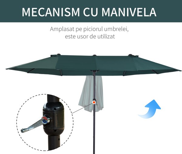 Outsunny Umbrelă Dublă de Grădină, Protecție UV, Manivelă pentru Deschidere, 460x270x240 cm, Verde | Aosom Romania