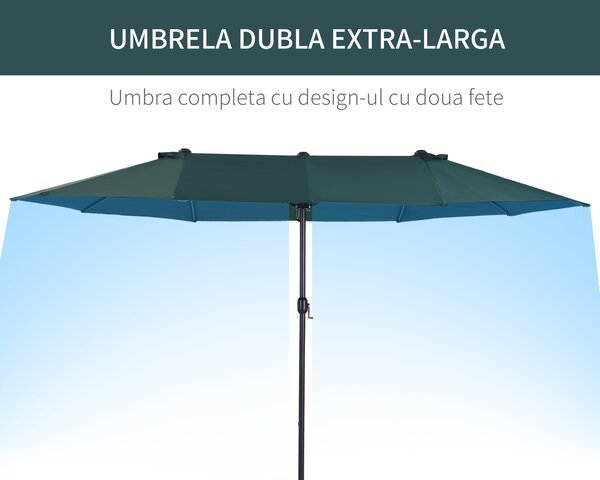 Outsunny Umbrelă Dublă de Grădină, Protecție UV, Manivelă pentru Deschidere, 460x270x240 cm, Verde | Aosom Romania