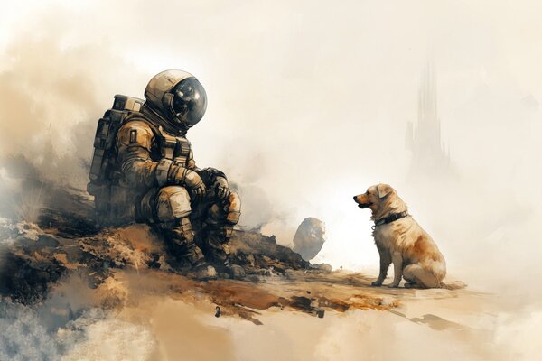 Fototapet Un astronaut stă pe o stâncă și se uită la un câine, Fototapet spațiu cosmic, Fototapet populare, w03115 - Tapeko.ro