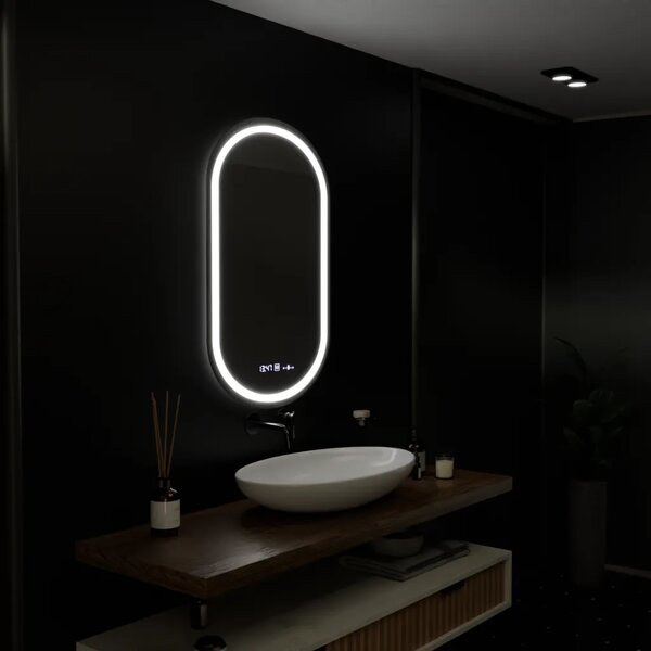 Oglinda LED 50x80 cm Senzor cu functie Dezaburire Termometru Ceas Lumina Rece/Calda/Neutra Dimabila