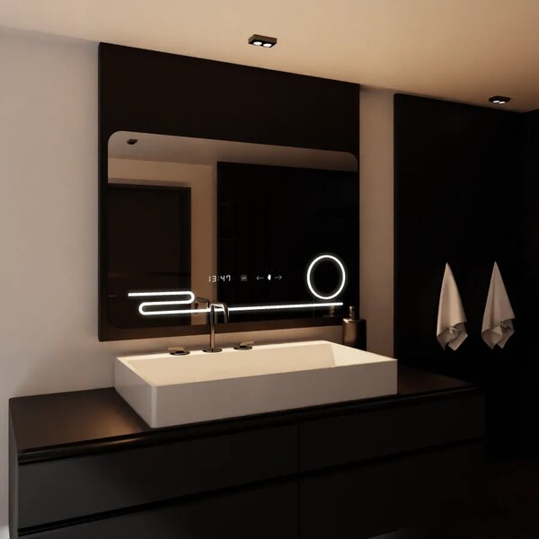 Oglinda LED 100x60 cm Senzor cu functie Dezaburire Termometru Ceas si lupa Cosmetica, Lumina Rece/Calda/Neutra Dimabila
