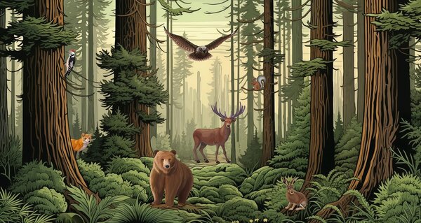 Fototapet Pădure cu animale și păsări, Fototapet natură, Fototapet populare, w03208 - Tapeko.ro