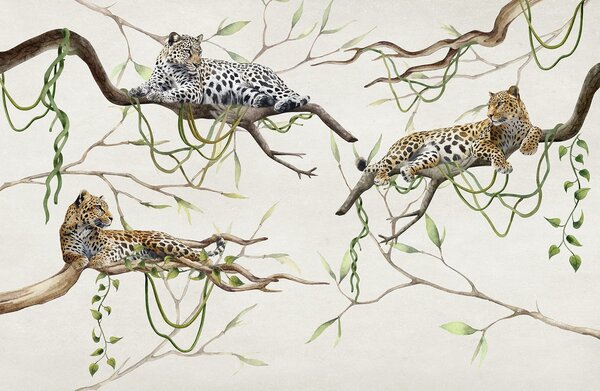 Tapet Leoparzi pe copacii junglei, liane, tropicale, animale sălbatice, paletă de culori naturale, Fototapet Animale, w03146 : Uwalls.ro
