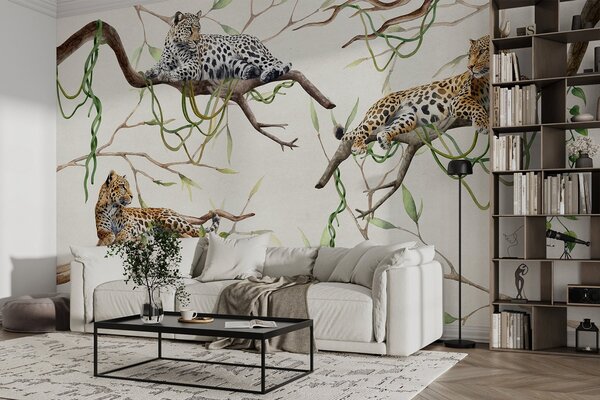 Tapet Leoparzi pe copacii junglei, liane, tropicale, animale sălbatice, paletă de culori naturale, Fototapet Animale, w03146 : Uwalls.ro