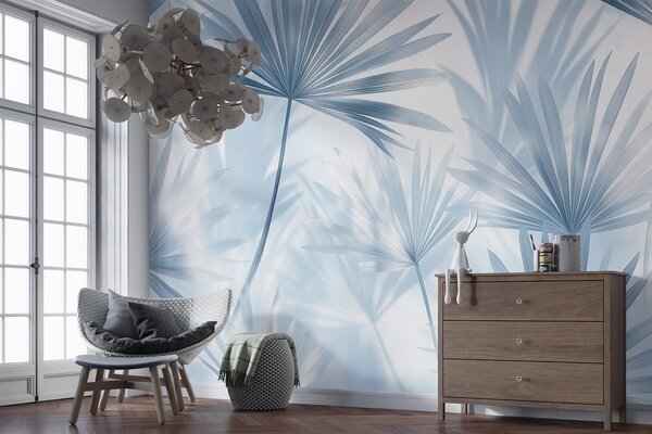 Tapet Frunze de palmier, model floral, minimalism, tropical, culori albastre, Fototapet pădure, Fototapet Tropics, w03152 : Uwalls.ro