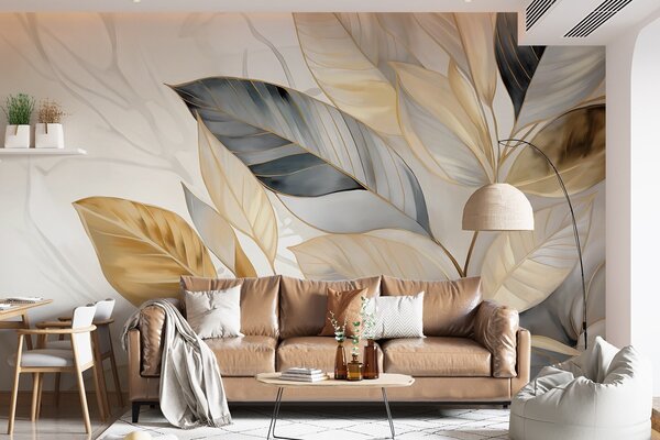 Tapet Galben, gri și alb delicate frunze mari pe un fundal alb abstract texturat, Fototapet Natură, w08828 : Uwalls.ro