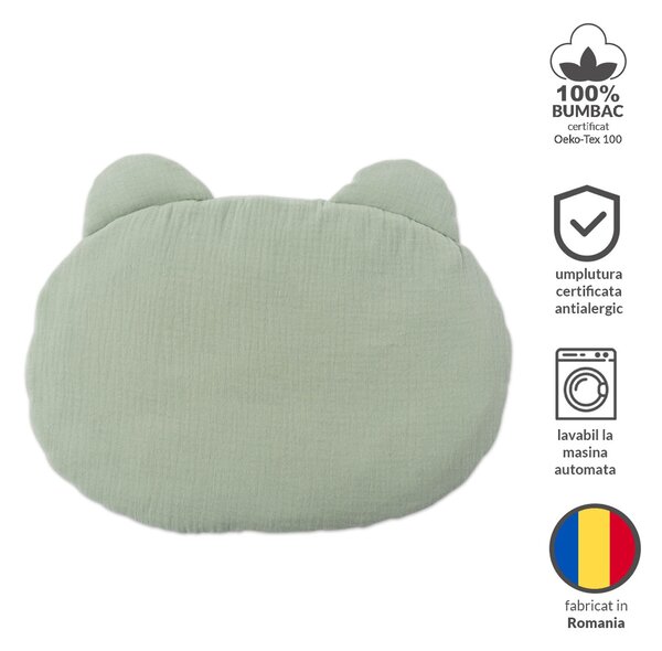 Pernuta copii cu urechiuse din muselina dubla Kidizi Mint, 38x26 cm, 0-2 ani