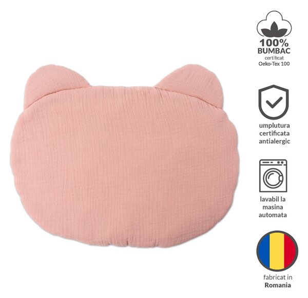 Pernuta copii cu urechiuse din muselina dubla Kidizi Ash Pink, 38x26 cm, 0-2 ani