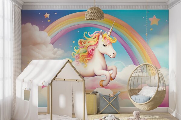 Fototapet Unicorn cu curcubeu și nori, Fototapet copii, Fototapet populare, w08820 - Tapeko.ro