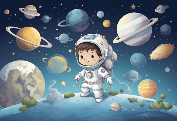 Fototapet Desen animat al unui băiat în costum spațial, Fototapet spațiu cosmic, Fototapet populare, w08838 - Tapeko.ro