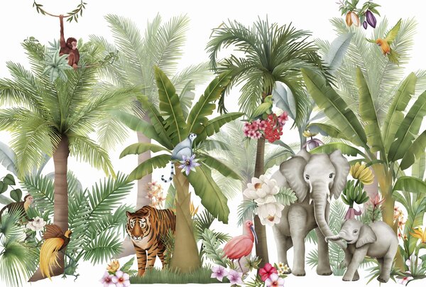 Fototapet Wallpaper cu animale și păsări în junglă, Fototapet jungle, Fototapet populare, w03225v2 - Tapeko.ro