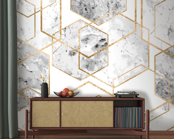 Fototapet Design elegant hexagonal cu model de marmură, Fototapet geometrice, Fototapet populare, u04140 - Tapeko.ro