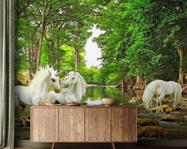 Fototapet Grup de unicorni albi într-un râu, Fototapet unicorni, Fototapet populare, u05099 - Tapeko.ro