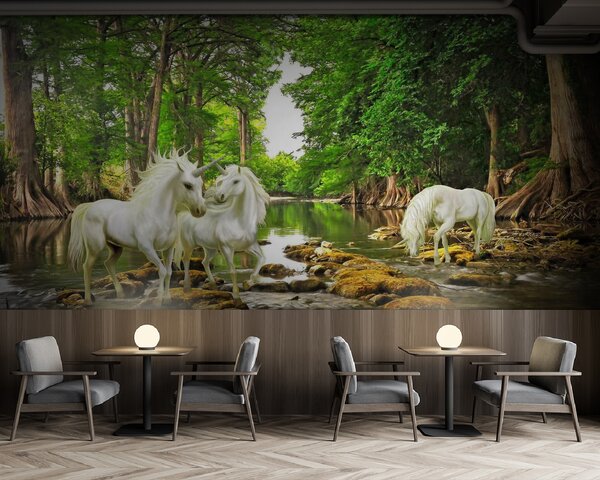 Fototapet Grup de unicorni albi într-un râu, Fototapet unicorni, Fototapet populare, u05099 - Tapeko.ro