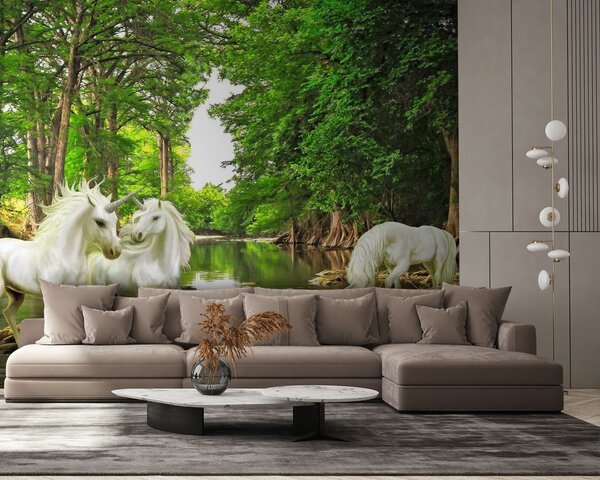 Fototapet Grup de unicorni albi într-un râu, Fototapet unicorni, Fototapet populare, u05099 - Tapeko.ro