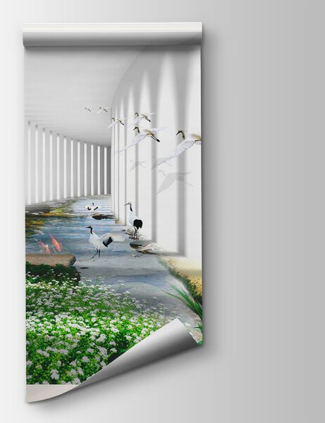 Fototapet Fereastră cu vedere la un iaz și flori, Fototapet 3D, Fototapet populare, u06326 - Tapeko.ro