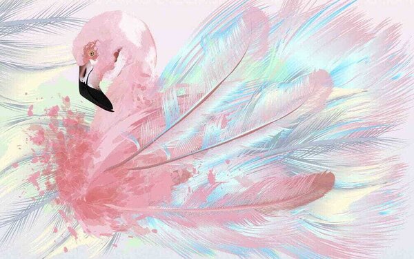 Fototapet Flamingo roz cu pene albe și albastre, Fototapet flamingo, Fototapet populare, u16902 - Tapeko.ro