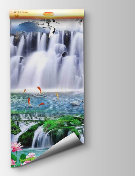 Fototapet Cascadă cu păsări și flori, Fototapet natură, Fototapet populare, u23287 - Tapeko.ro