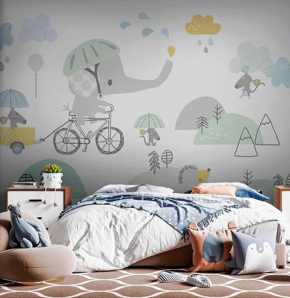 Fototapet Elefant de desene animate care călărește o bicicletă, Fototapet elefanți, Fototapet populare, u28124 - Tapeko.ro