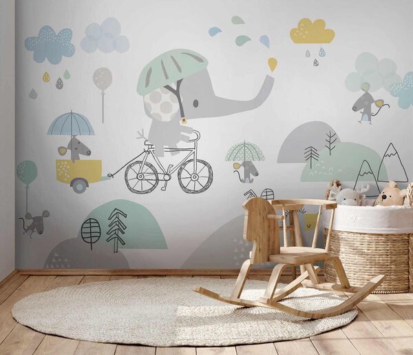 Fototapet Elefant de desene animate care călărește o bicicletă, Fototapet elefanți, Fototapet populare, u28124 - Tapeko.ro