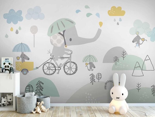 Fototapet Elefant de desene animate care călărește o bicicletă, Fototapet elefanți, Fototapet populare, u28124 - Tapeko.ro