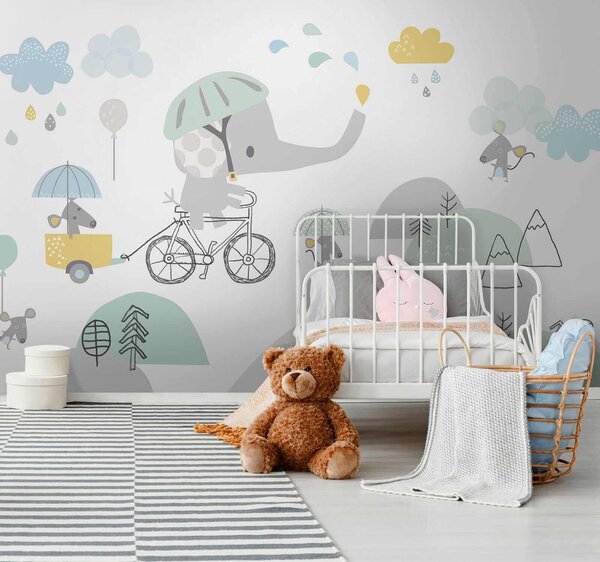 Fototapet Elefant de desene animate care călărește o bicicletă, Fototapet elefanți, Fototapet populare, u28124 - Tapeko.ro