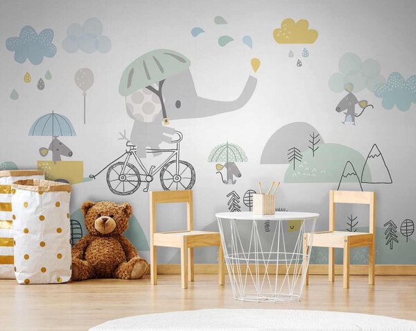 Fototapet Elefant de desene animate care călărește o bicicletă, Fototapet elefanți, Fototapet populare, u28124 - Tapeko.ro