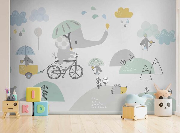 Fototapet Elefant de desene animate care călărește o bicicletă, Fototapet elefanți, Fototapet populare, u28124 - Tapeko.ro