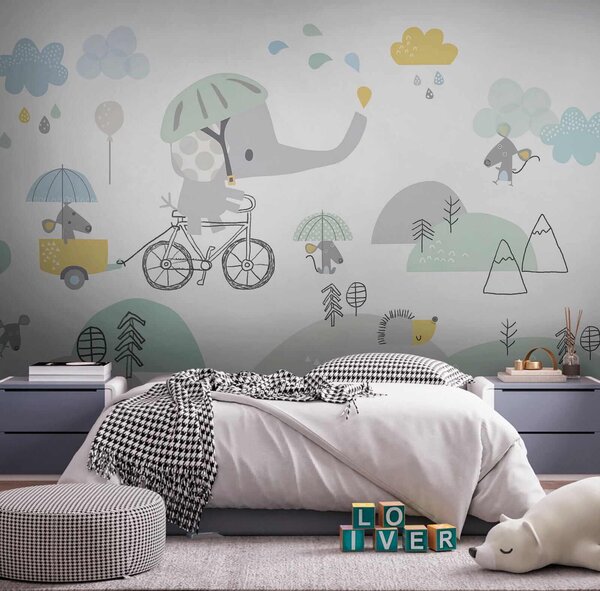 Fototapet Elefant de desene animate care călărește o bicicletă, Fototapet elefanți, Fototapet populare, u28124 - Tapeko.ro
