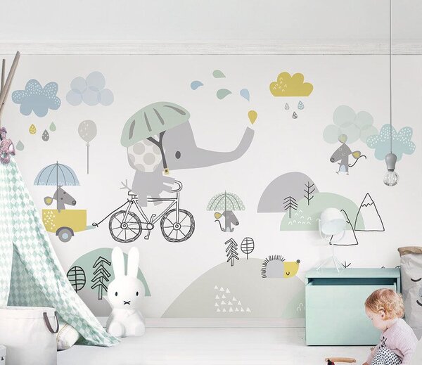Fototapet Elefant de desene animate care călărește o bicicletă, Fototapet elefanți, Fototapet populare, u28124 - Tapeko.ro