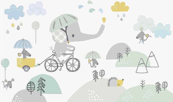 Fototapet Elefant de desene animate care călărește o bicicletă, Fototapet elefanți, Fototapet populare, u28124 - Tapeko.ro