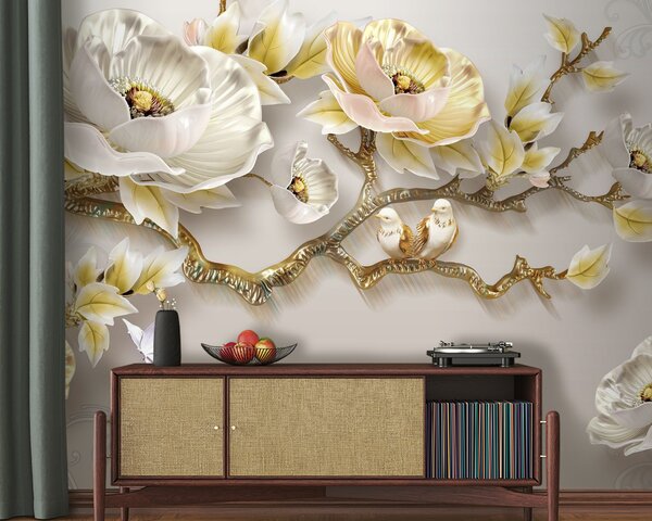 Fototapet Wallpaper cu flori și păsări, Fototapet flori 3D, Fototapet populare, u31662 - Tapeko.ro