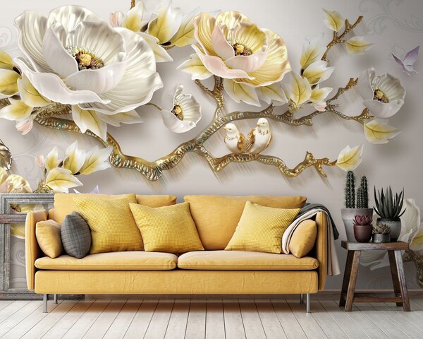 Fototapet Wallpaper cu flori și păsări, Fototapet flori 3D, Fototapet populare, u31662 - Tapeko.ro