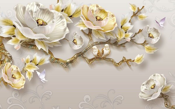 Fototapet Wallpaper cu flori și păsări, Fototapet flori 3D, Fototapet populare, u31662 - Tapeko.ro