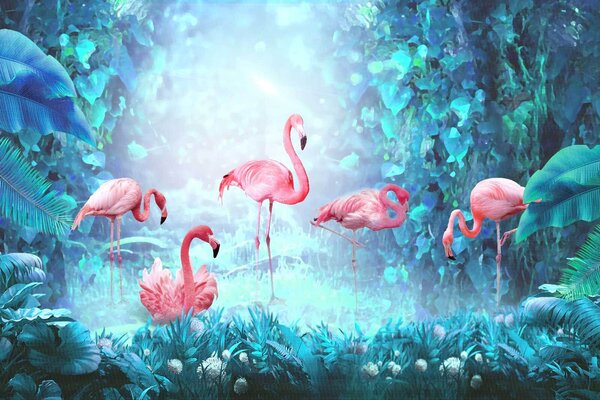 Fototapet Grup de flamingo roz într-o pădure, Populare fototapet, Populare fototapet, u41970 - Muralas.ro