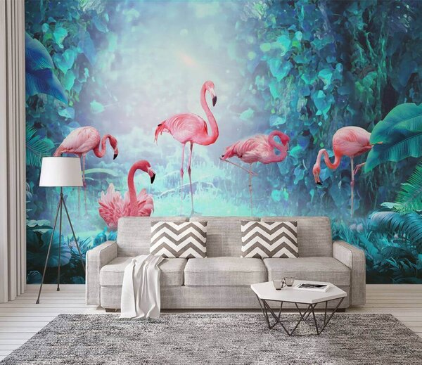 Fototapet Grup de flamingo roz într-o pădure, Fototapet natură, Fototapet populare, u41970 - Tapeko.ro