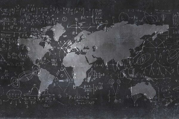 Fototapet Tablă cu o hartă și ecuații matematice, Fototapet hartă lumii, Fototapet populare, u50408 - Tapeko.ro